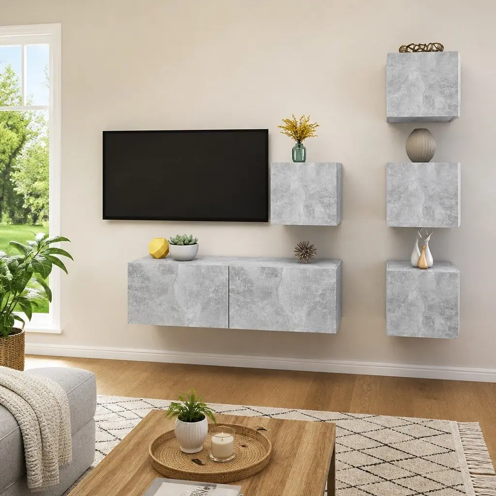 TV Cabinet Set Grey 5 Piece Wall Mounted Modern Living Room Storage Shelving
