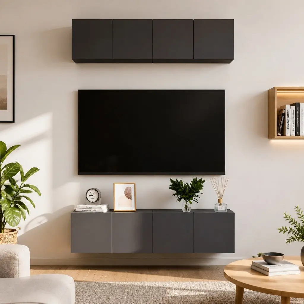 4 Piece Wall Mounted Storage Unit Engineered Wood High Gloss Grey TV Cabinet Set