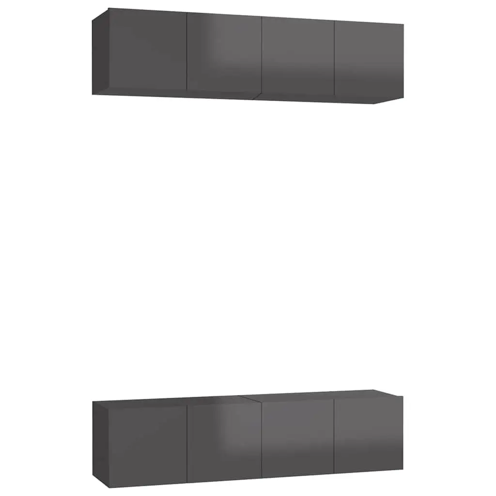 4 Piece Wall Mounted Storage Unit Engineered Wood High Gloss Grey TV Cabinet Set