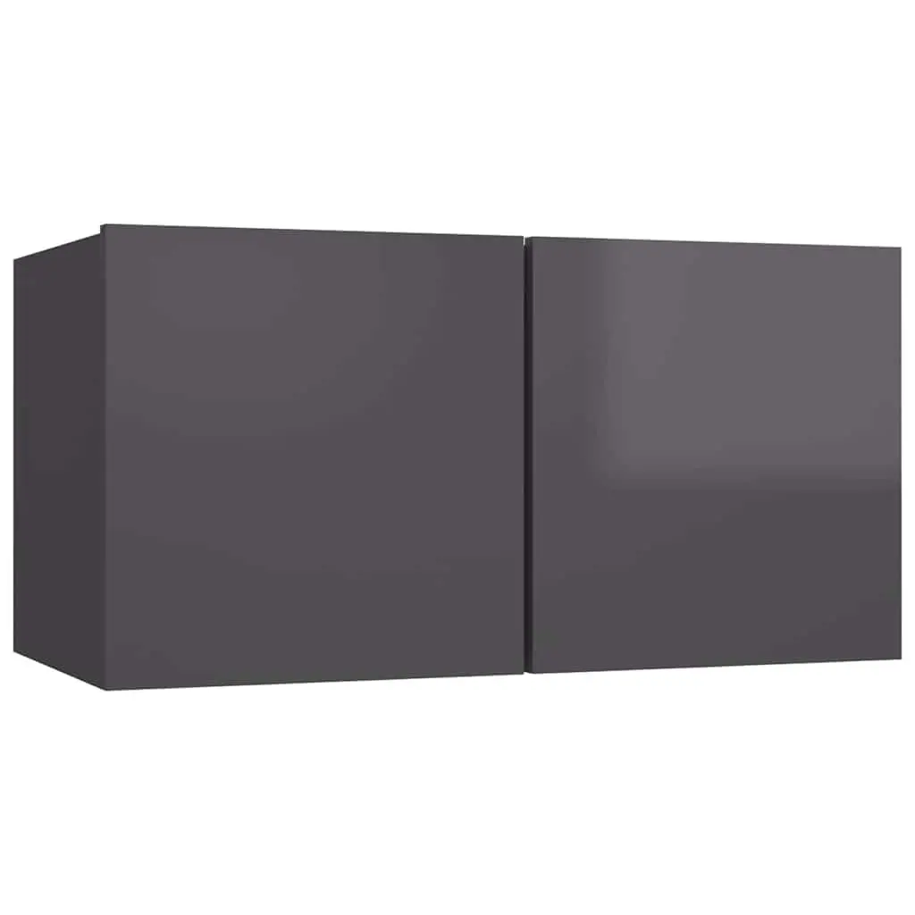 4 Piece Wall Mounted Storage Unit Engineered Wood High Gloss Grey TV Cabinet Set
