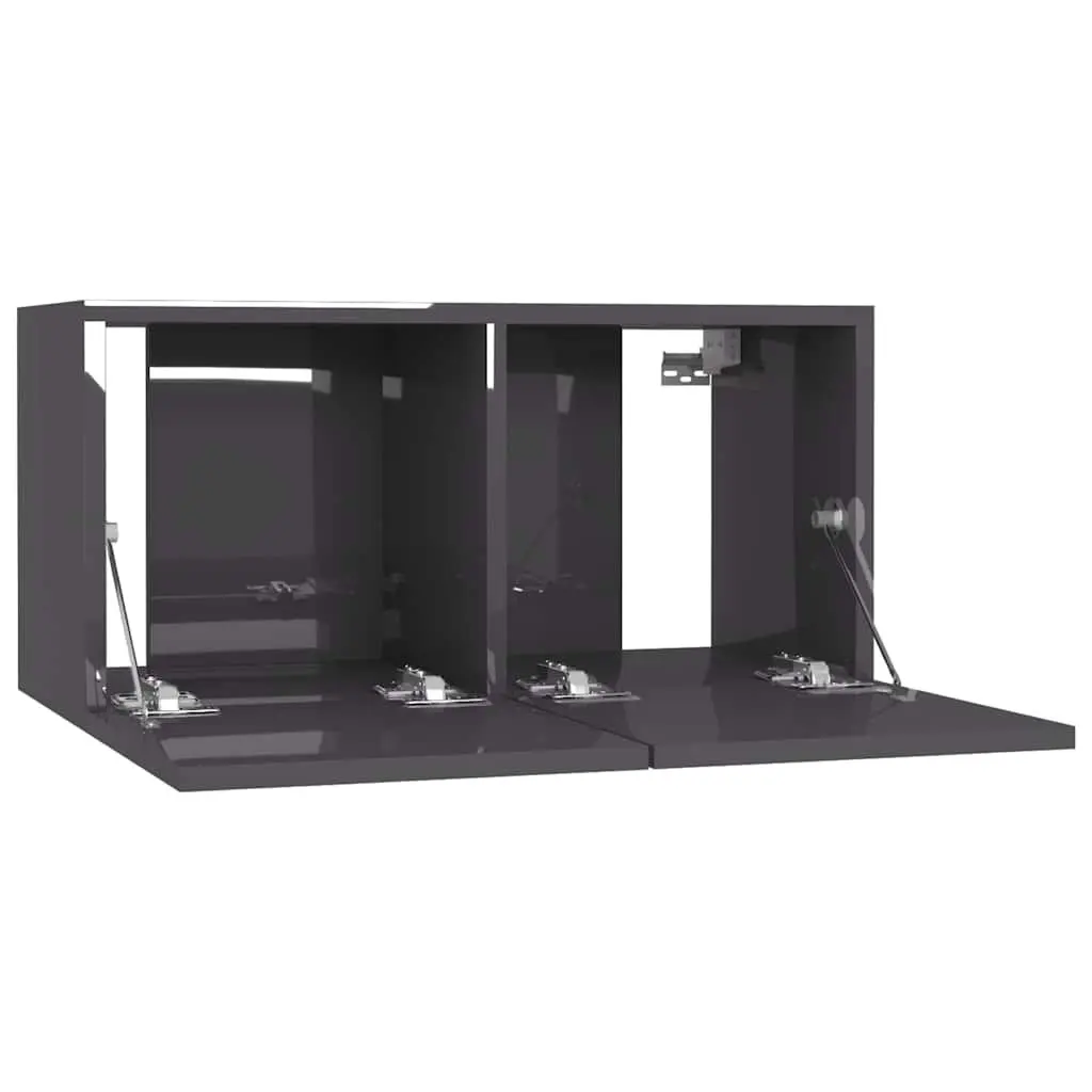 4 Piece Wall Mounted Storage Unit Engineered Wood High Gloss Grey TV Cabinet Set