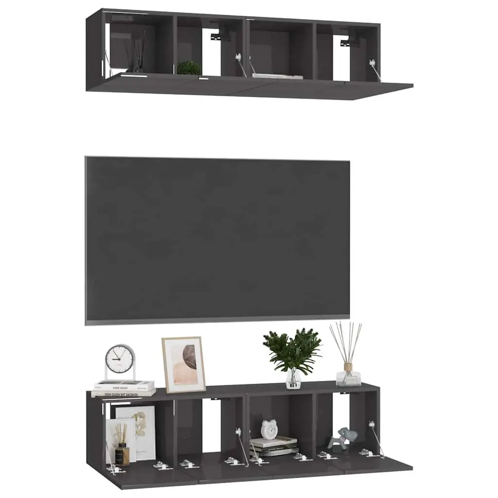 4 Piece Wall Mounted Storage Unit Engineered Wood High Gloss Grey TV Cabinet Set