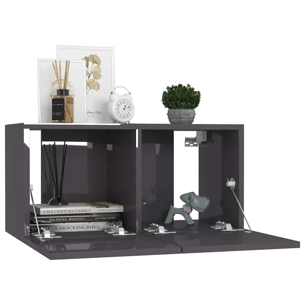 4 Piece Wall Mounted Storage Unit Engineered Wood High Gloss Grey TV Cabinet Set