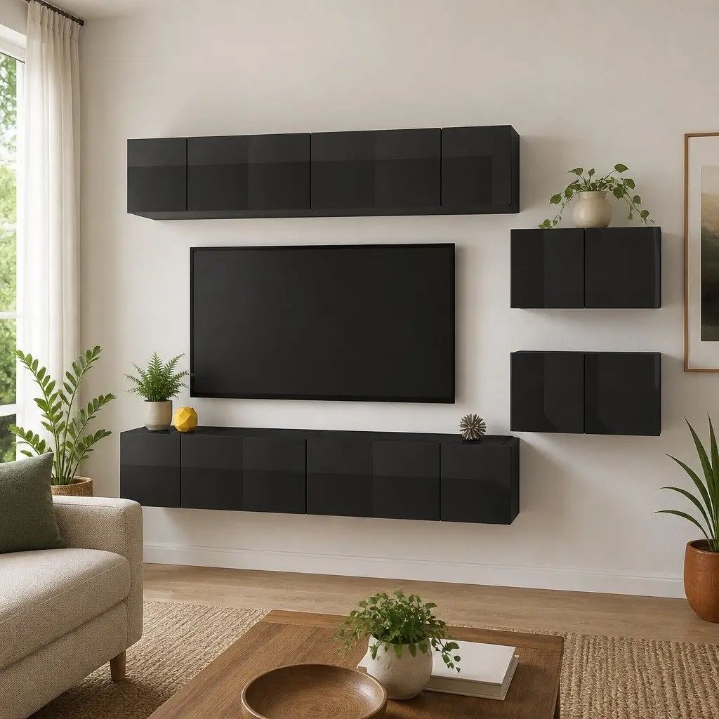 TV Cabinet Set Grey Wall Mounted 8 Piece Storage Unit Living Room Furniture