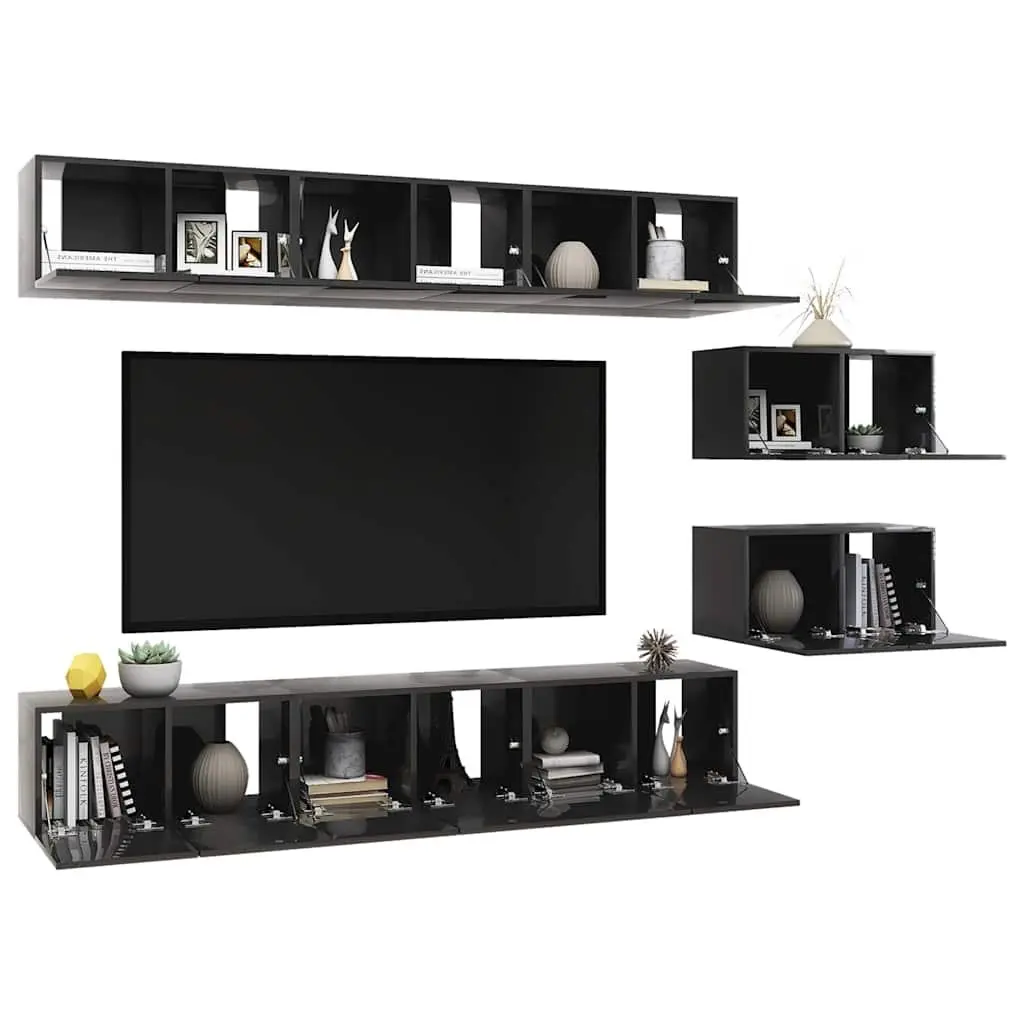 TV Cabinet Set Grey Wall Mounted 8 Piece Storage Unit Living Room Furniture