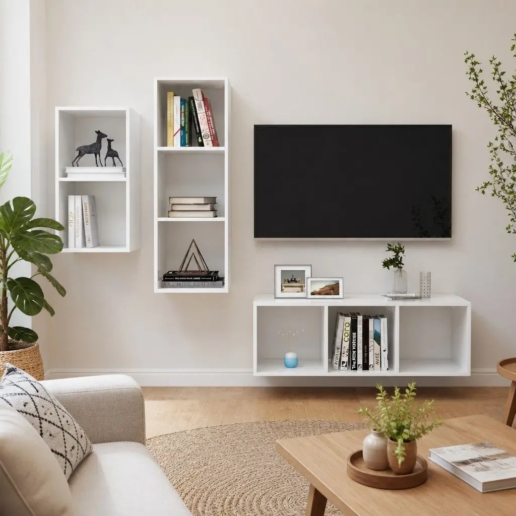 3 Piece Wall Mounted TV Cabinet Set High Gloss White Storage Unit Organiser