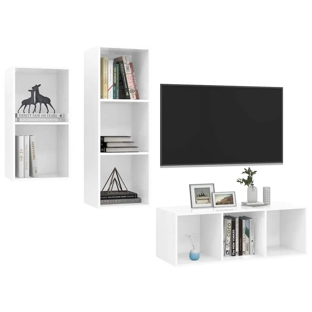 3 Piece Wall Mounted TV Cabinet Set High Gloss White Storage Unit Organiser