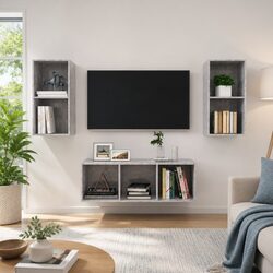 TV Cabinet Set 3 Piece Wall Mounted Storage Grey Engineered Wood Display Unit
