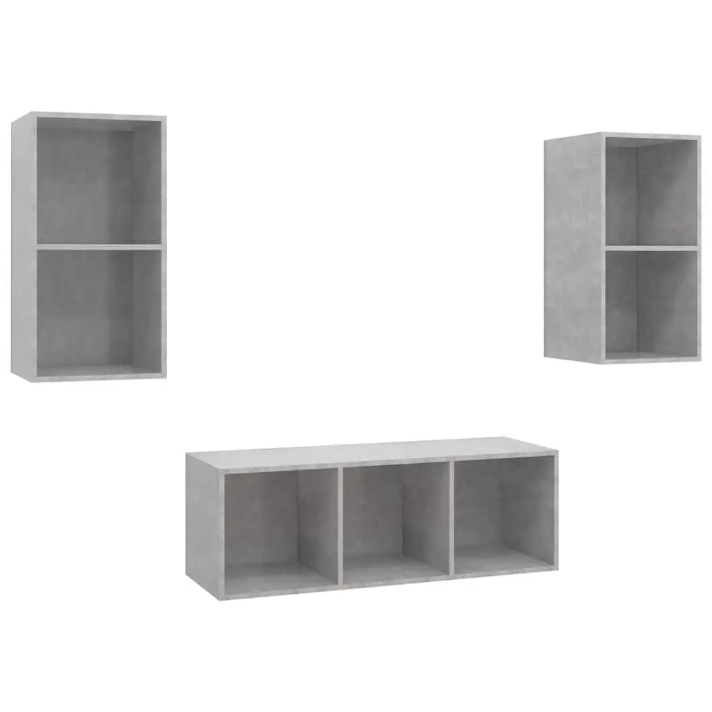 TV Cabinet Set Grey 3 Piece Wall Mounted Storage Engineered Wood Display Unit