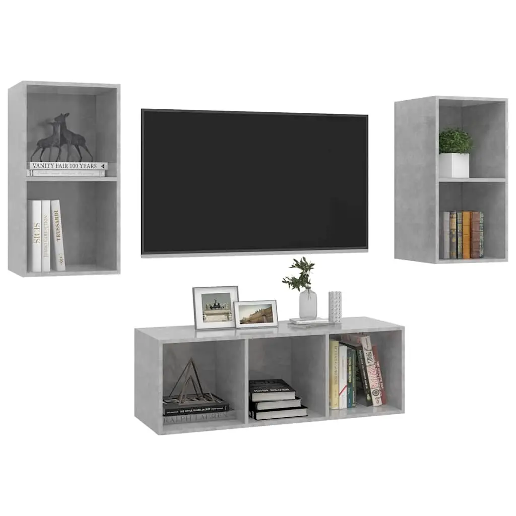 TV Cabinet Set Grey 3 Piece Wall Mounted Storage Engineered Wood Display Unit
