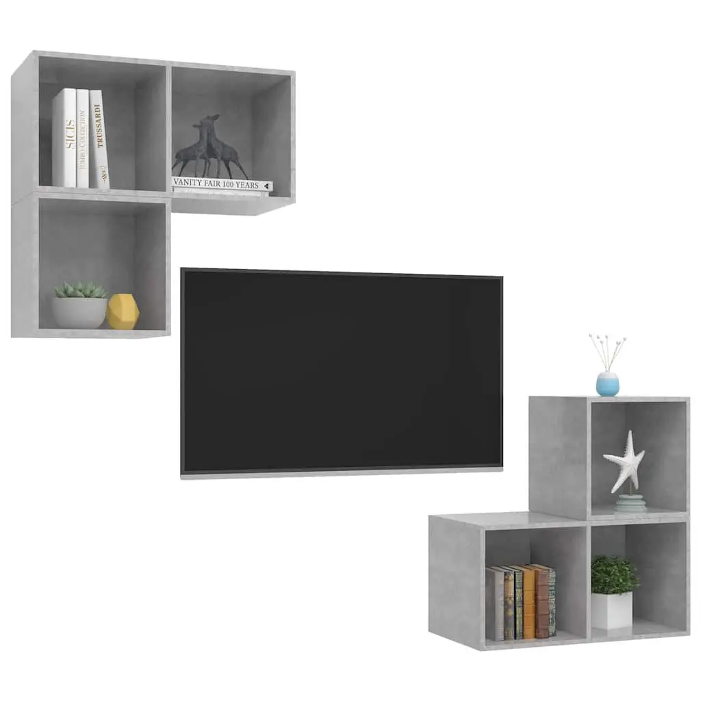 4 Piece Wall Mounted TV Cabinet Set Grey Engineered Wood Storage Organiser