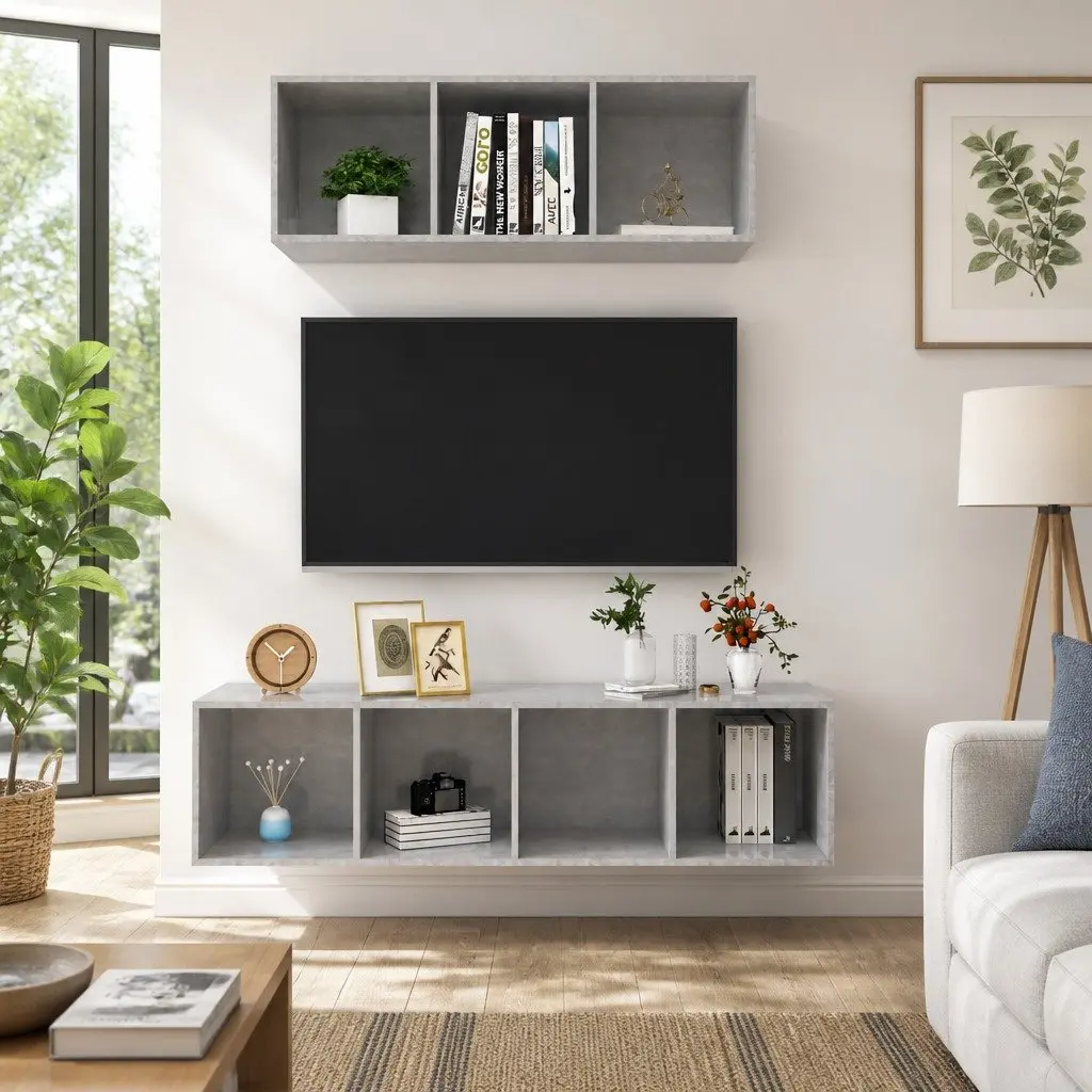 Grey Wall-Mounted TV Cabinet Set