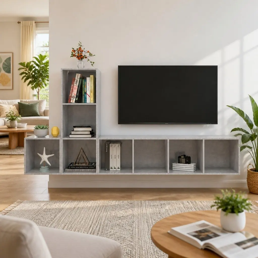 TV Cabinet Set Grey 3 Piece Wall Mounted Storage Unit Engineered Wood Furniture