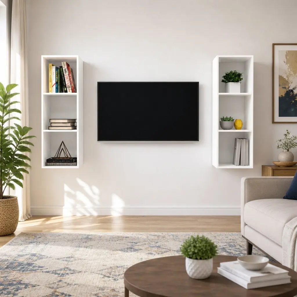 Wall-mounted TV Cabinet Set 2 pcs White Storage Organiser Shelving Unit