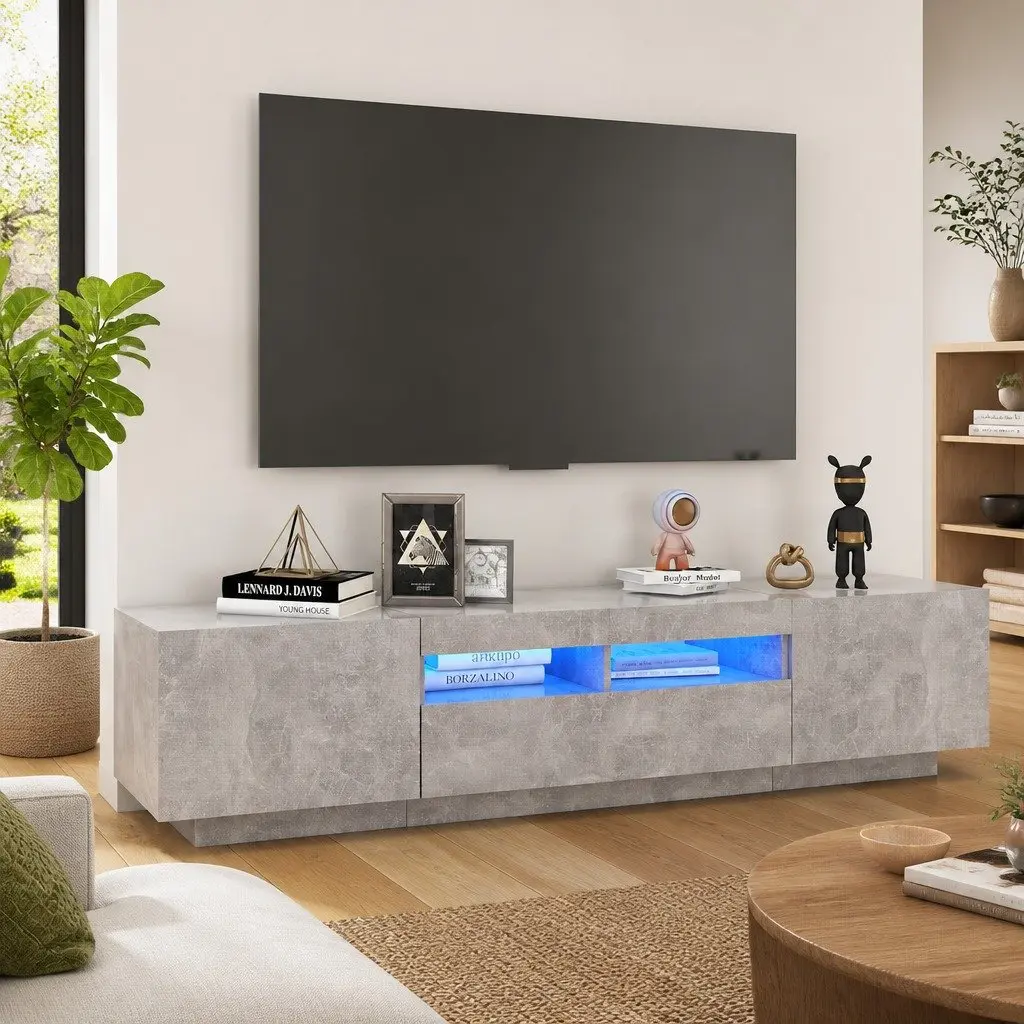 TV Cabinet Grey 180cm Modern Media Storage Unit with RGB LED Lights
