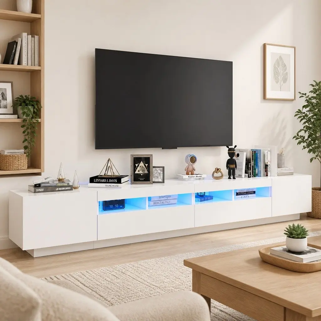White TV Cabinet with RGB Lights 260x35x40cm