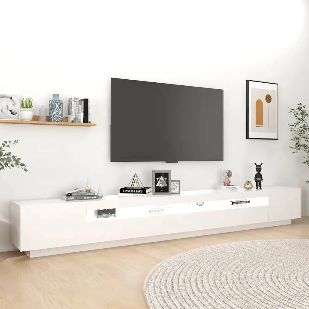 White TV Stand 300cm Media Unit LED Lighting Organiser with Spacious Compartments
