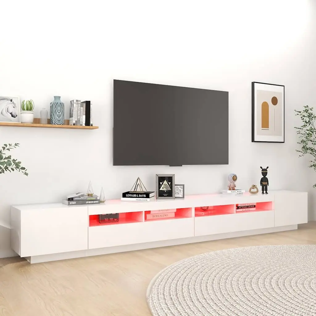 White TV Stand 300cm Media Unit LED Lighting Organiser with Spacious Compartments