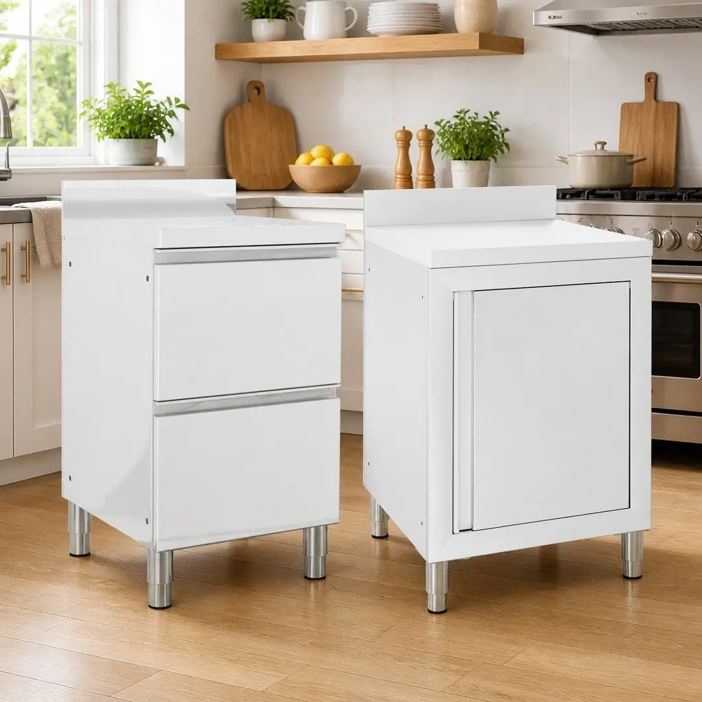 Commercial Kitchen Cabinet Stainless Steel 2 Piece Adjustable Feet Backsplash Water Pipe Hole