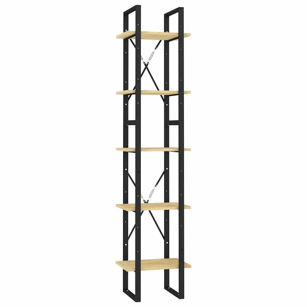 5-Tier Wooden Book Cabinet Brown 40x30x175cm Pinewood and Metal Frame Storage Shelving Unit