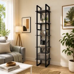 Compact 5-Tier Shelving Unit in Grey Pinewood and Metal