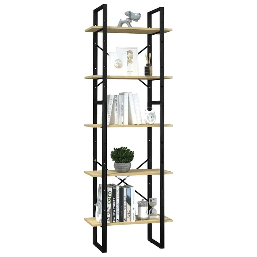 5-Tier Bookcase Brown 60x30x175 cm Wooden Storage Unit Pinewood and Metal Frame