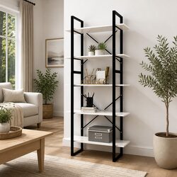5-Tier Book Cabinet White Pinewood Storage Shelving Unit Standing Bookcase