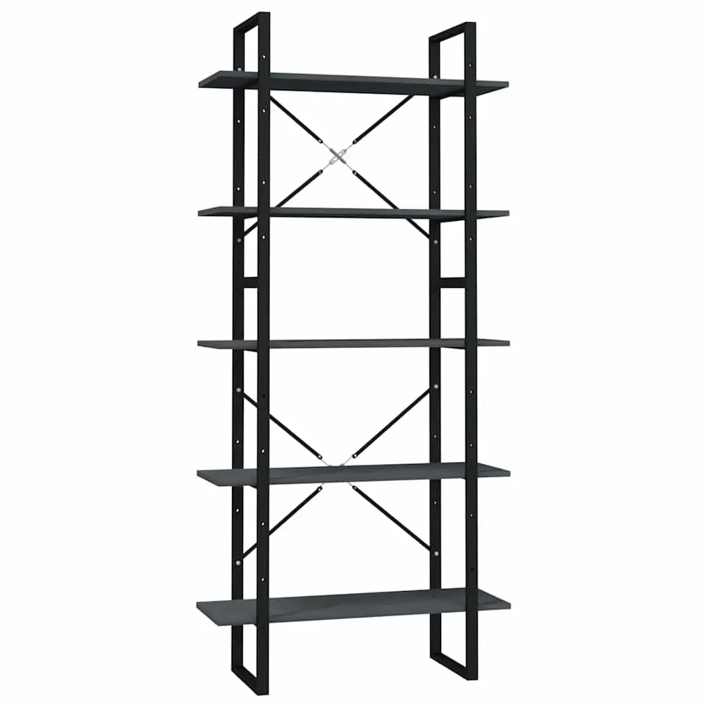 5-Tier Book Cabinet Grey Pinewood Metal Frame Standing Bookshelf Storage Display