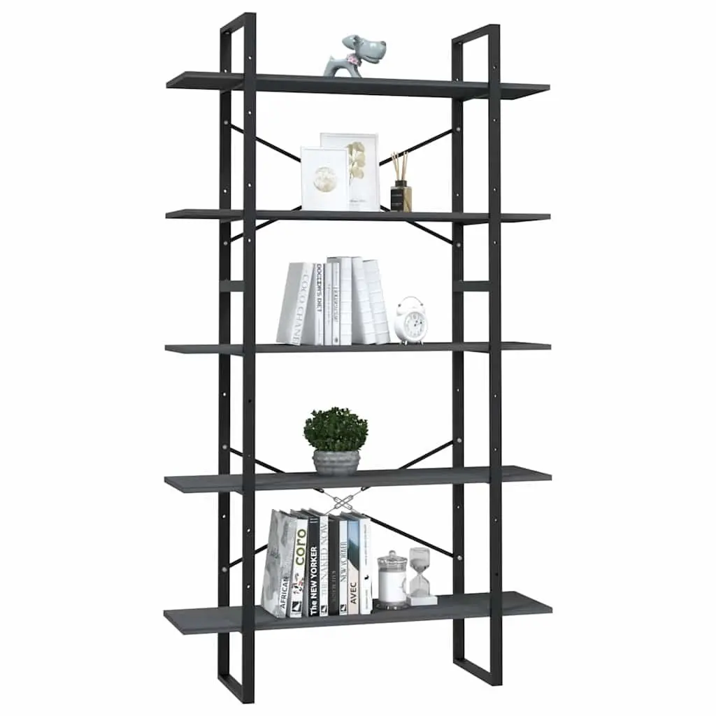 5-Tier Book Cabinet Grey Pinewood Metal Frame Standing Shelf Storage Display