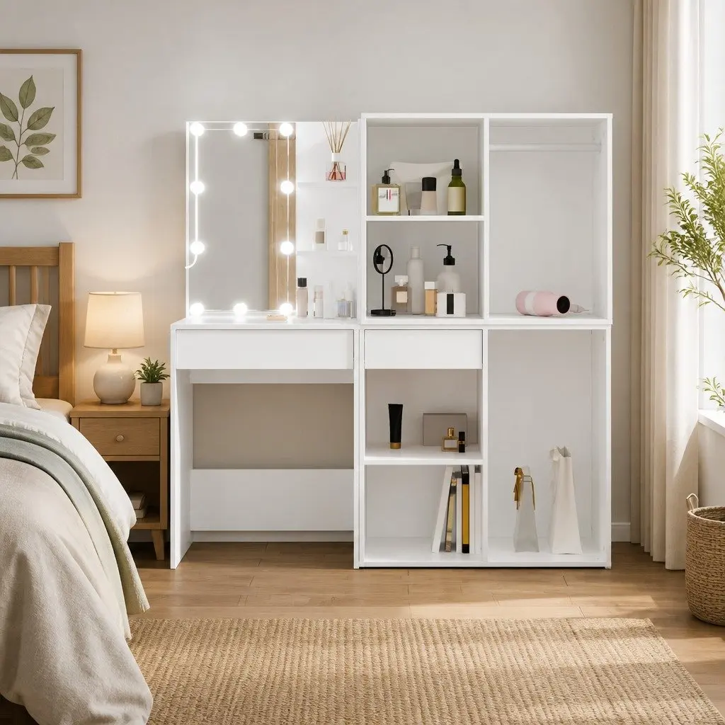 LED Dressing Table White with 2 Storage Cabinets and Adjustable Light Modes