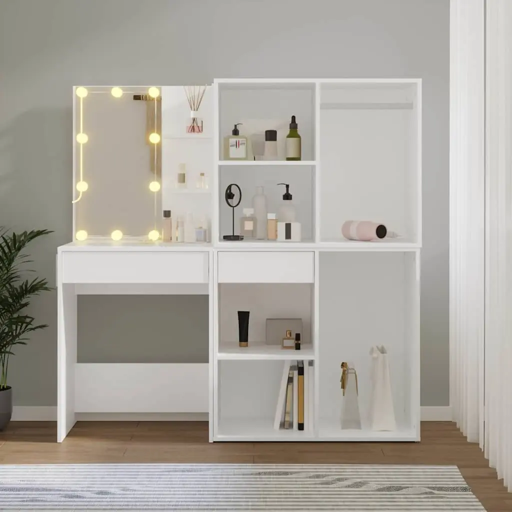 LED Dressing Table White with 2 Storage Cabinets and Adjustable Light Modes