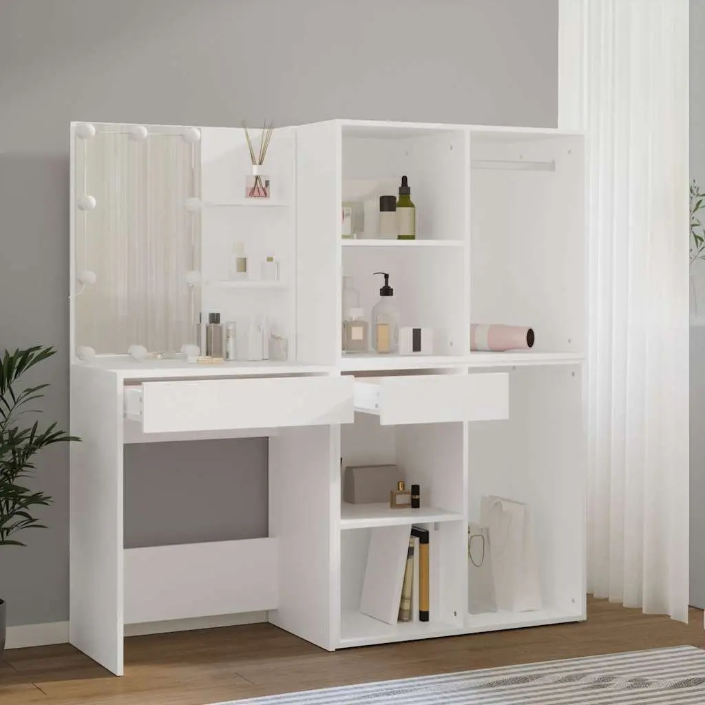 LED Dressing Table White with 2 Storage Cabinets and Adjustable Light Modes