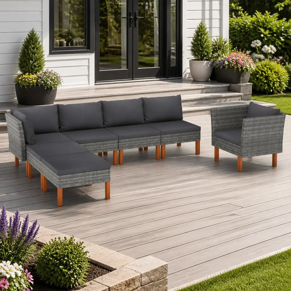 Garden Lounge Set 7 Piece Outdoor Sofa Grey Rattan Steel Eucalyptus Wood