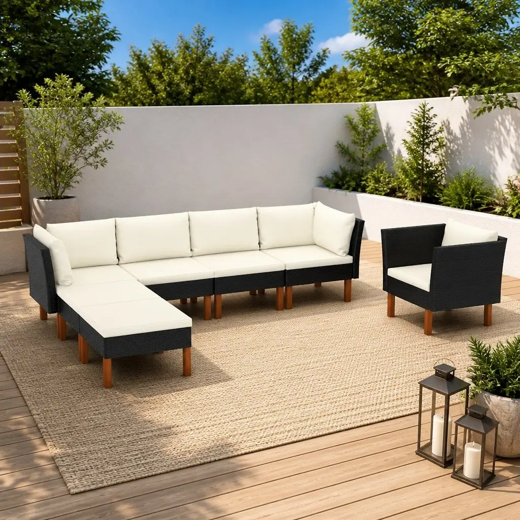 Garden Lounge Set Black 7 Piece Outdoor Sofa Poly Rattan Eucalyptus Wood