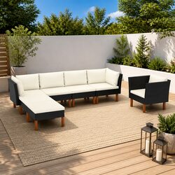 Garden Lounge Set 7 Piece Outdoor Sofa Poly Rattan Eucalyptus Wood Black