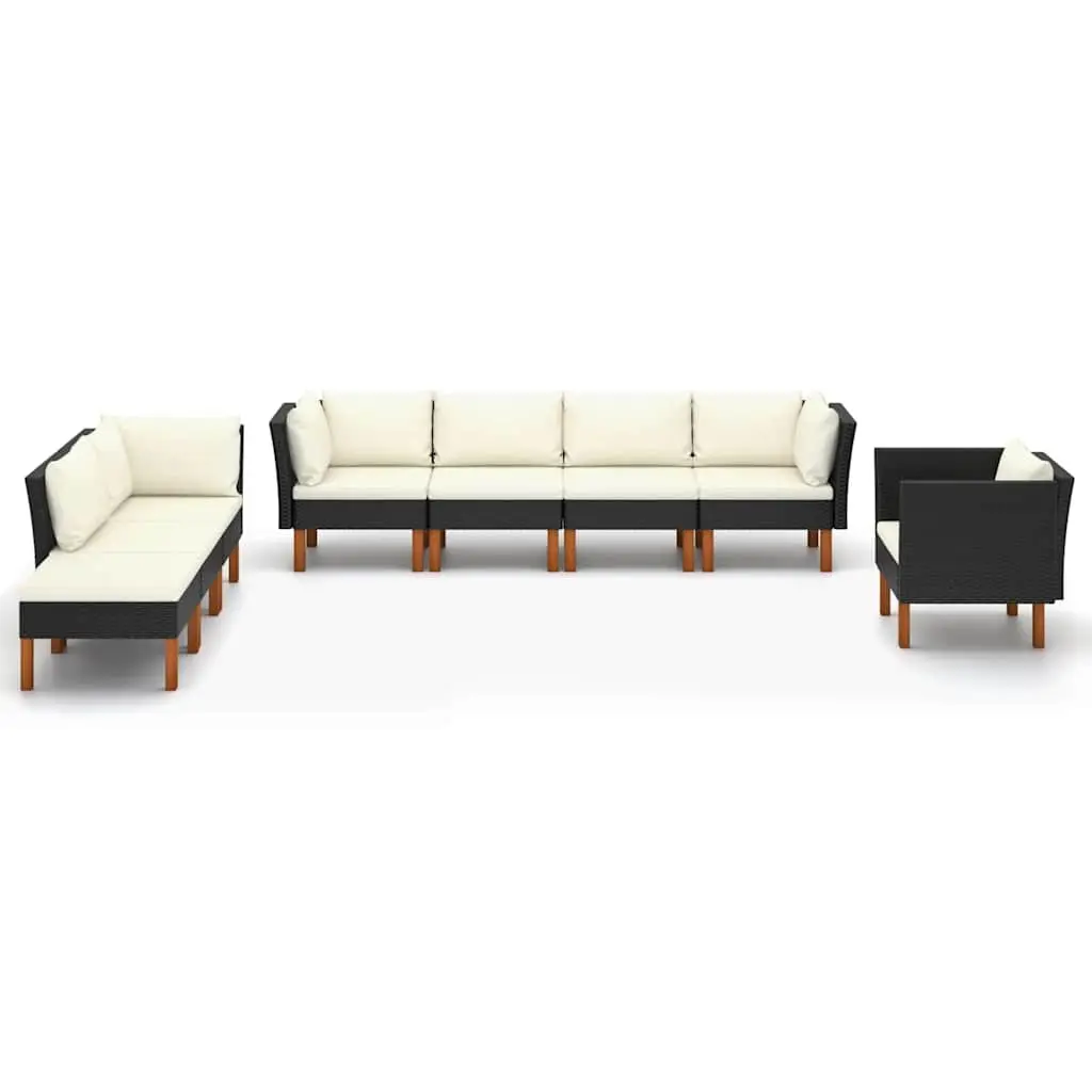 Garden Lounge Set 8 Piece Outdoor Sofa Black Poly Rattan Eucalyptus Wood Patio