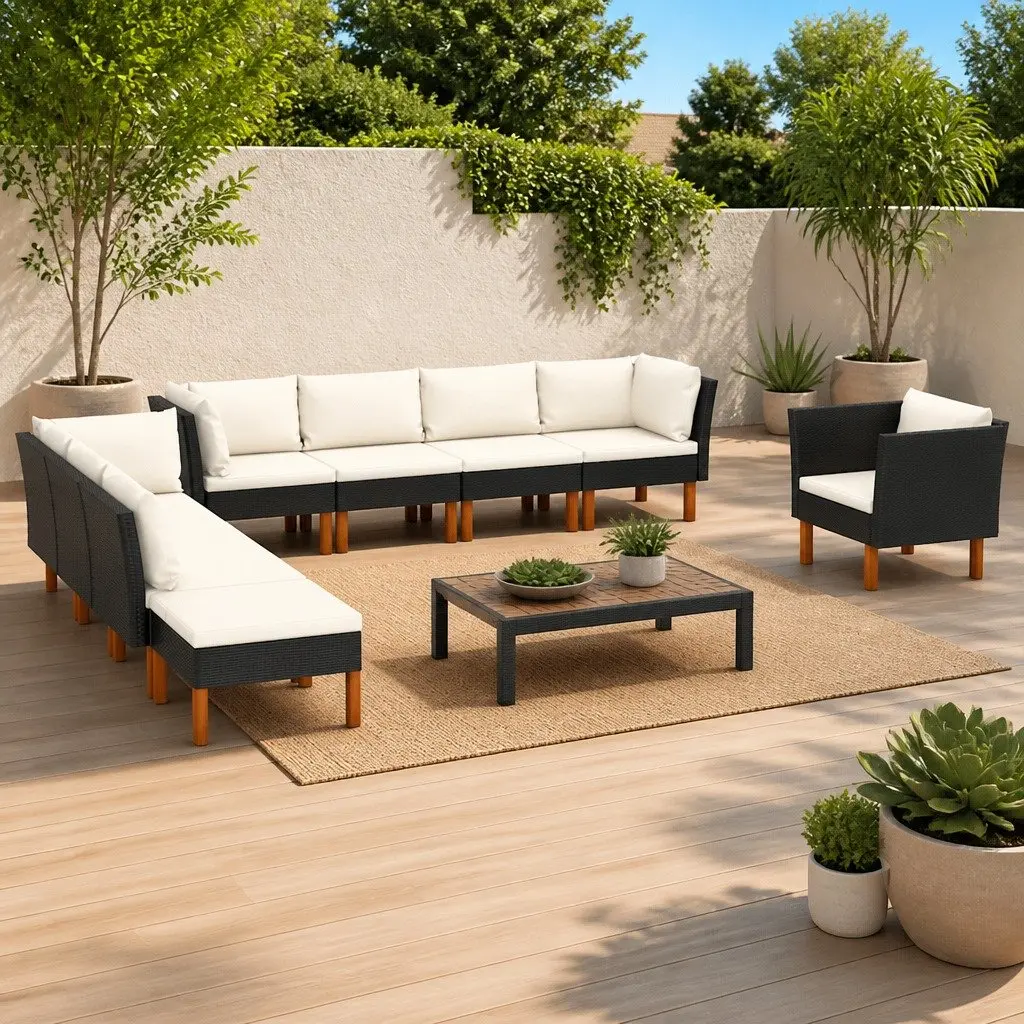 9 Piece Garden Lounge Set Black PE Rattan Steel Frame Eucalyptus Wood