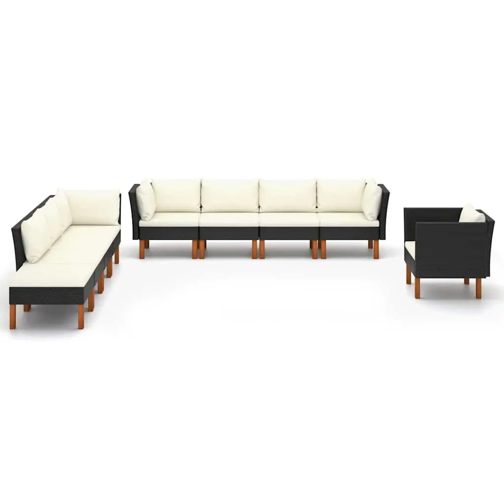 9 Piece Garden Lounge Set Black PE Rattan Steel Frame Eucalyptus Wood