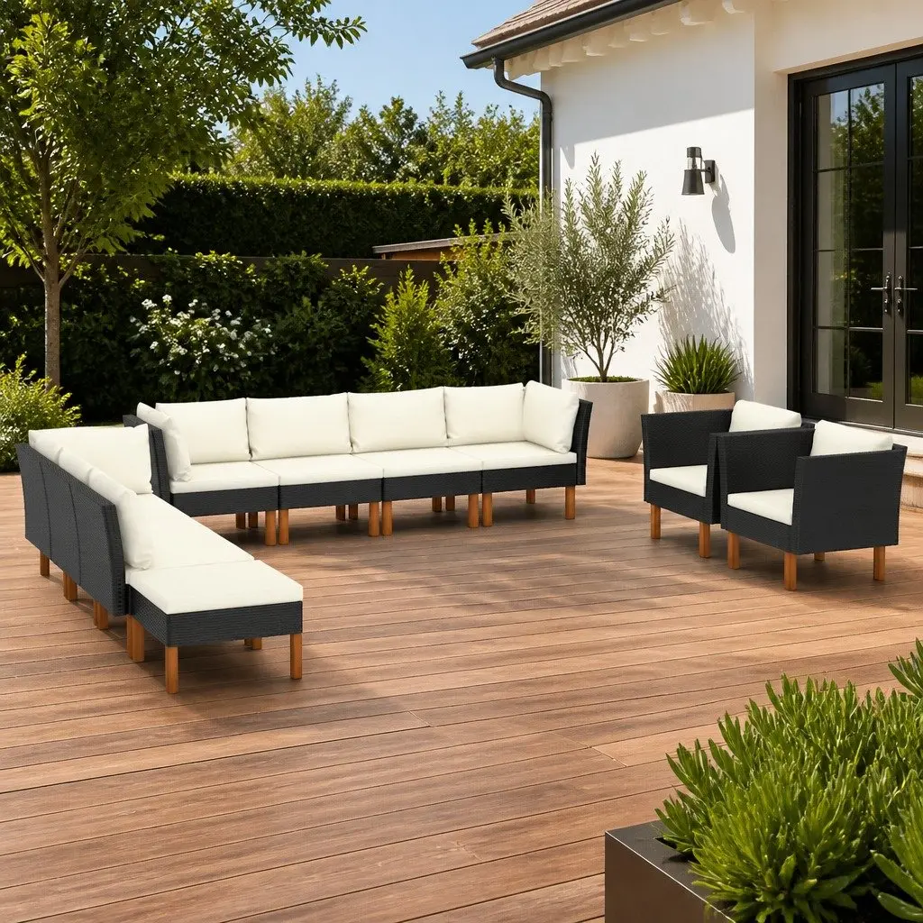 Garden Lounge Set Black 10 Piece Outdoor Furniture PE Rattan Eucalyptus Wood