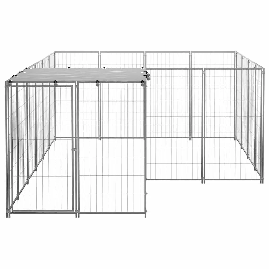 Dog Kennel Silver 6.05m² Outdoor Steel Cage Run Enclosure Lockable Door