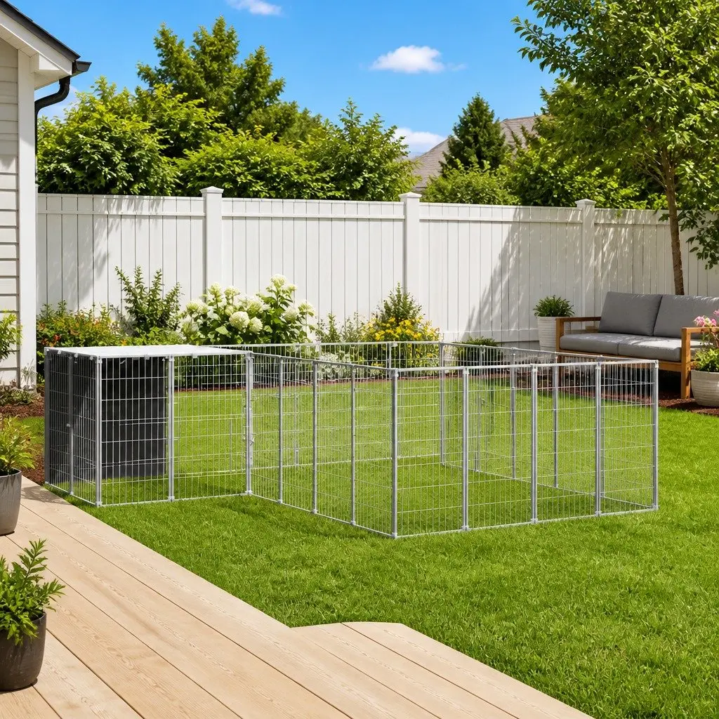 Dog Kennel Silver Large Steel Wire Mesh Outdoor Run Enclosure Exercise Play Pen