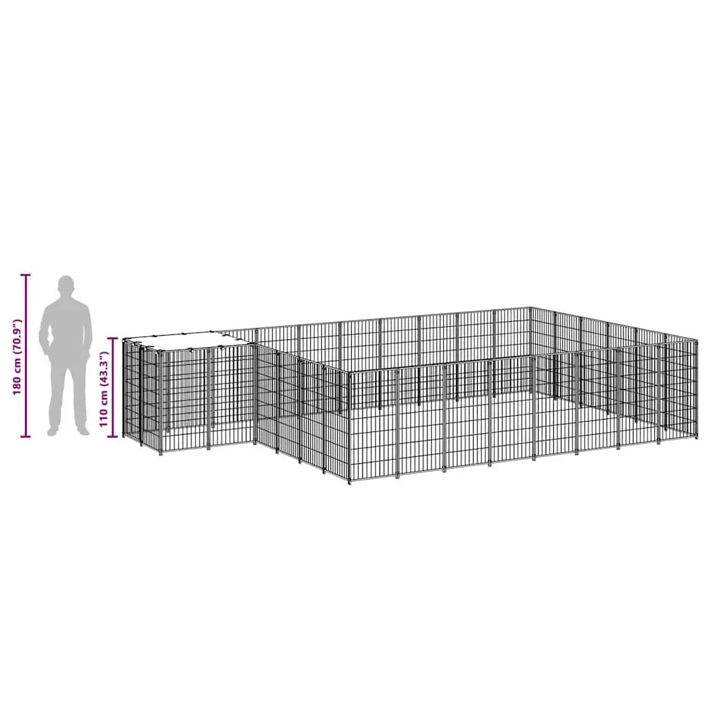 Dog Kennel Silver Outdoor Steel Cage Enclosure with Polyethylene Roof for Pets