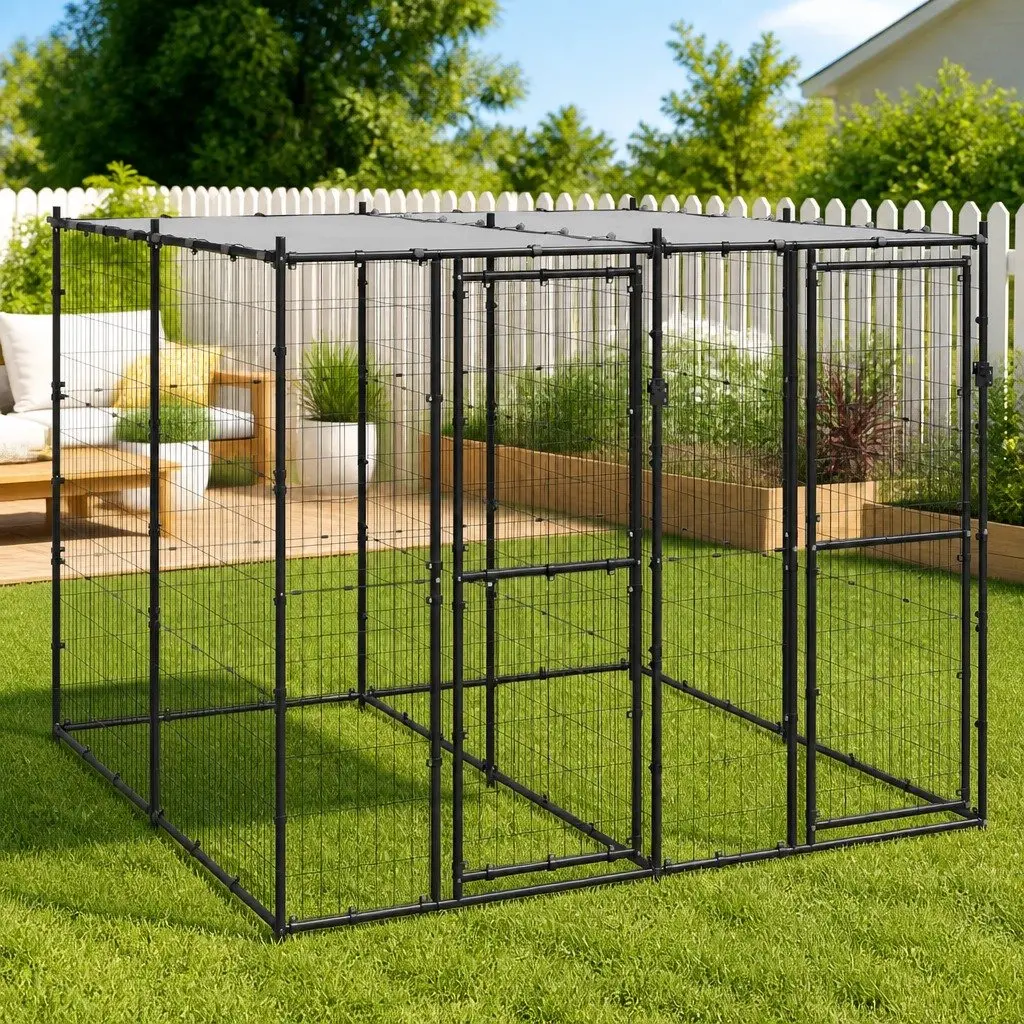 Outdoor Dog Kennel Black Steel with Roof Mesh Enclosure Lockable Door