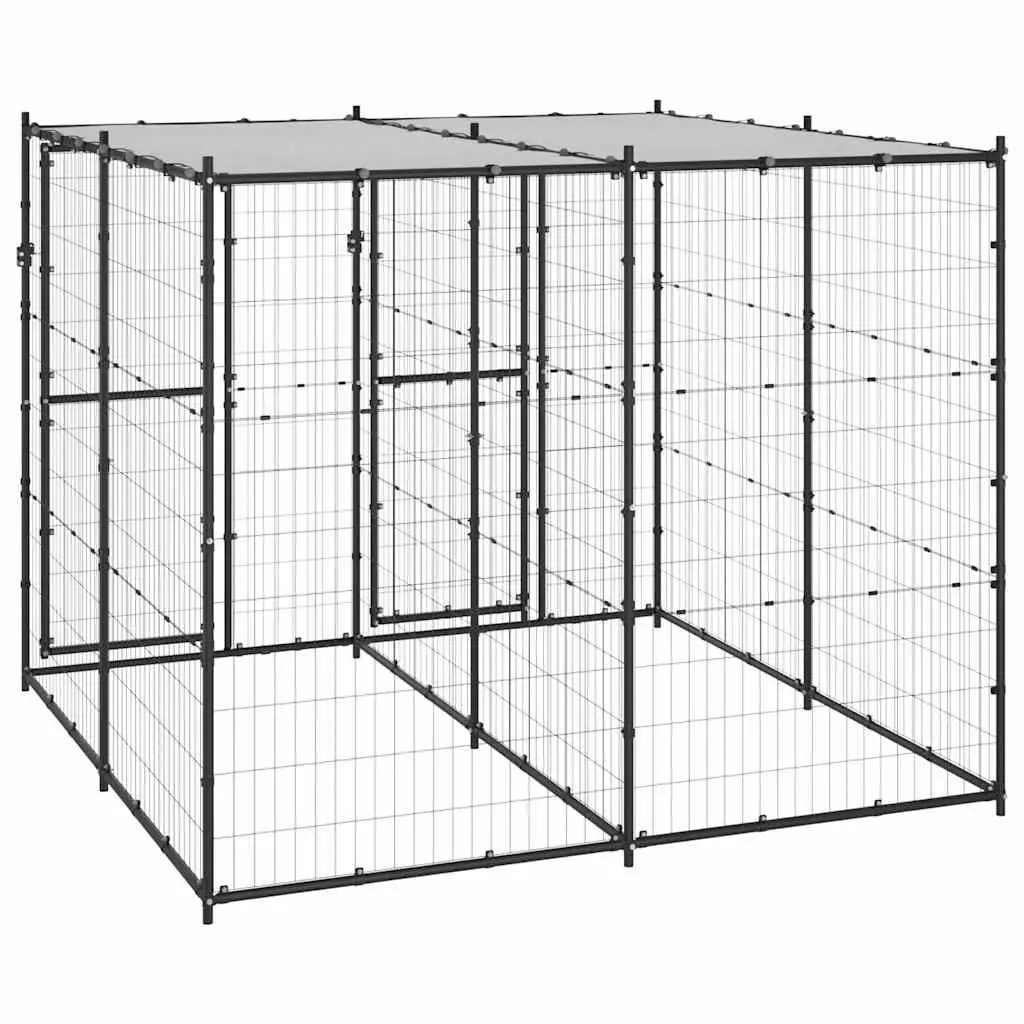 Outdoor Dog Kennel Black Steel with Roof Mesh Enclosure Lockable Door