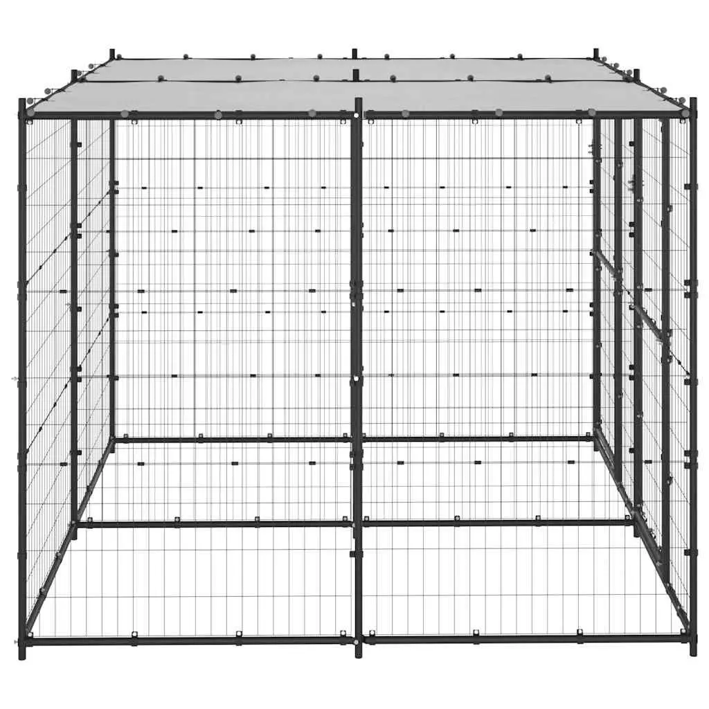 Outdoor Dog Kennel Black Steel with Roof Mesh Enclosure Lockable Door