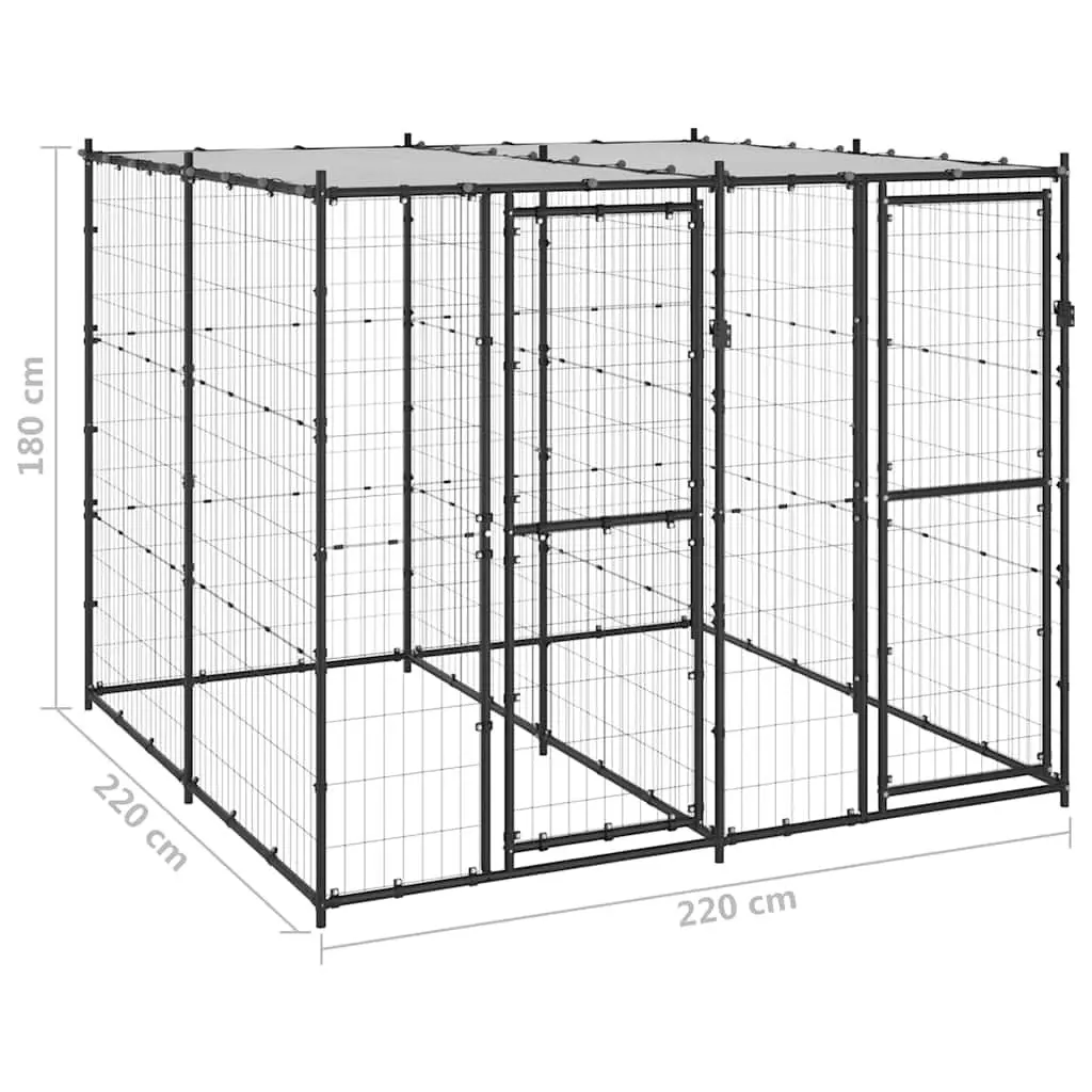 Outdoor Dog Kennel Black Steel with Roof Mesh Enclosure Lockable Door