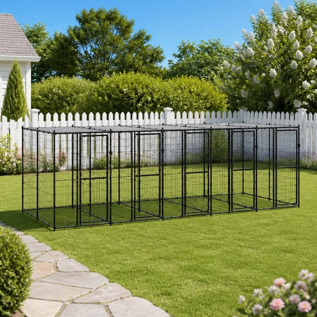 Dog Kennel Black Large Steel Outdoor Exercise Enclosure with Mesh Roof