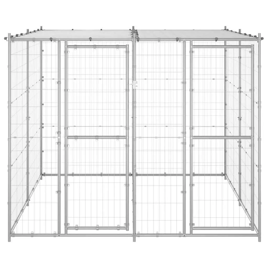 Dog Kennel Silver Galvanised Steel 4.84 m² Exercise Run Enclosure with Mesh Sides and PE Canopy