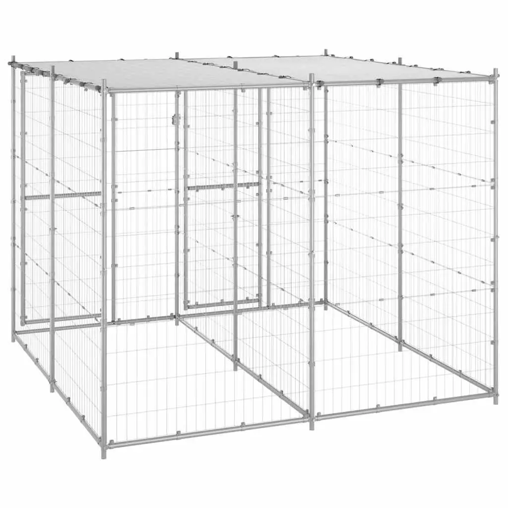 Dog Kennel Silver Galvanised Steel 4.84 m² Exercise Run Enclosure with Mesh Sides and PE Canopy
