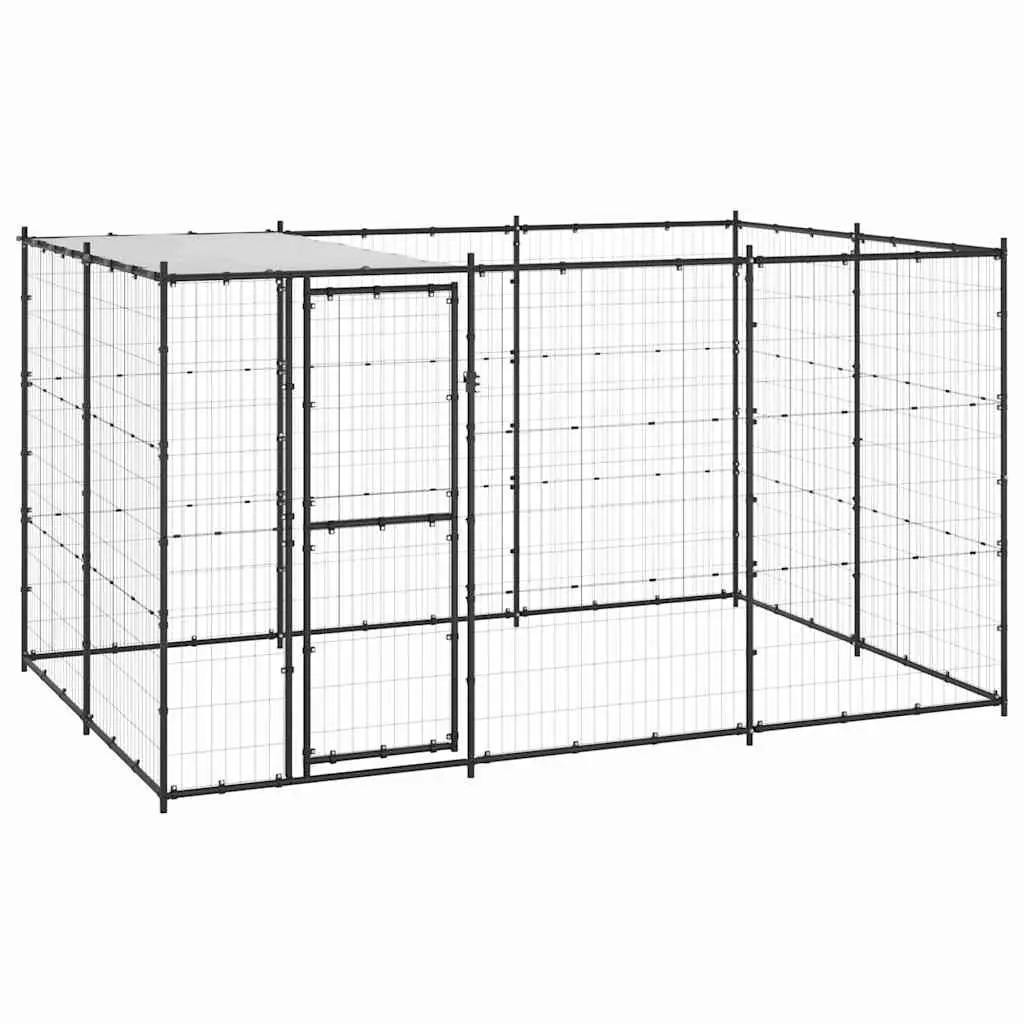 Dog Kennel Black Steel Frame Outdoor Run Enclosure with Roof Canopy 7.26 m²